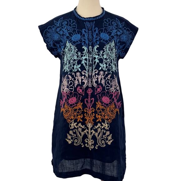 Johnny Was Mishti Embroidered Linen Shirt Shift Dress Mini Navy Blue XXS
